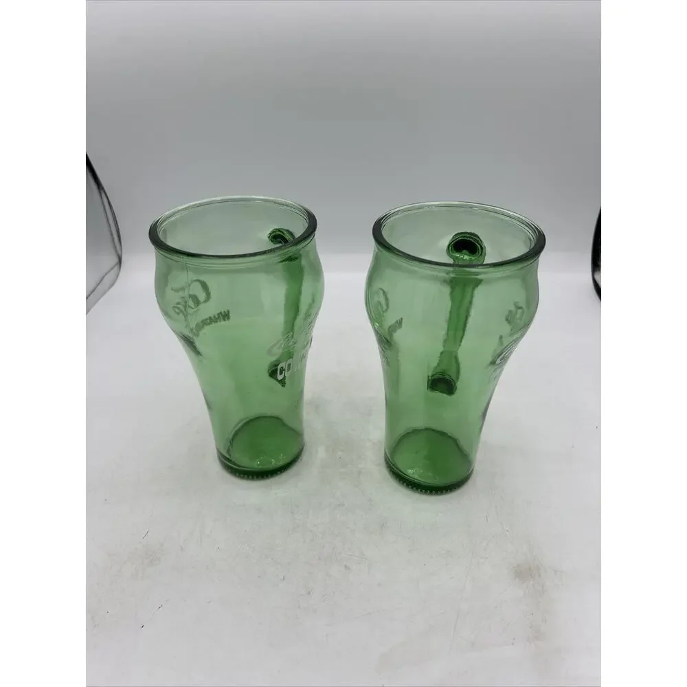 2 Vintage 1980's Coca-Cola Cowboy Whataburger Green Glass Handled Mugs